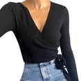 thumbnail image 4 of Workout Tops for Women Bottoming Shirt Long Sleeve Knit V Neck Blouses,Black,L, 4 of 5