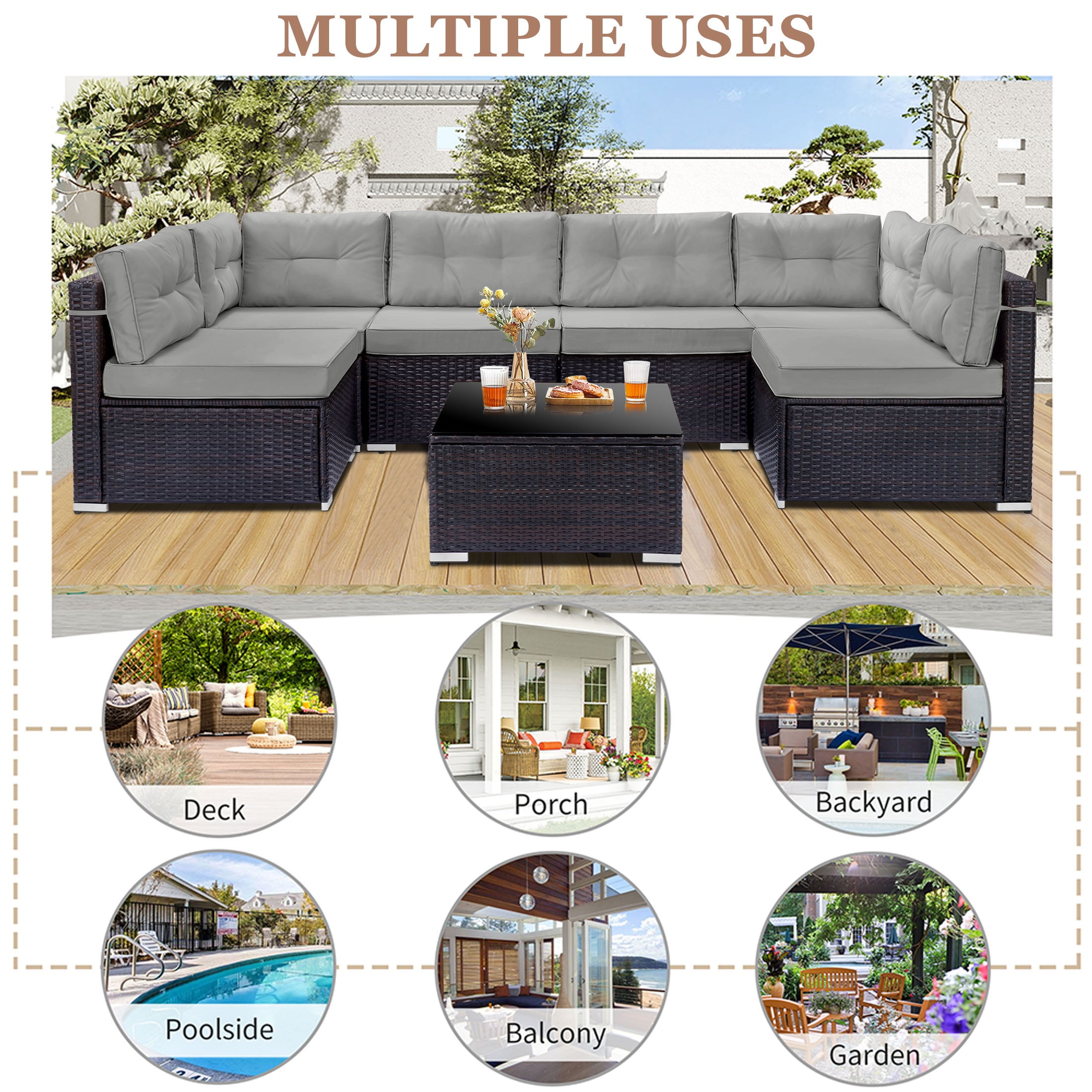 7 Piece Rattan Sectional Sofa Set, Outdoor Conversation Set, All-Weather Wicker Sectional Seating Group with Cushions & Coffee Table, Morden Furniture Couch Set for Patio Deck Garden Pool