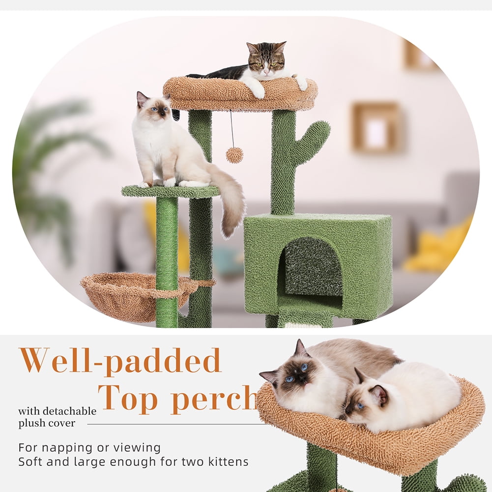 Kadyn Cactus Cat Tree, Cat Tower with Plush Perch &Soft Hammock, Cat Climbing Stand for Indoor Cats, Green+Brown