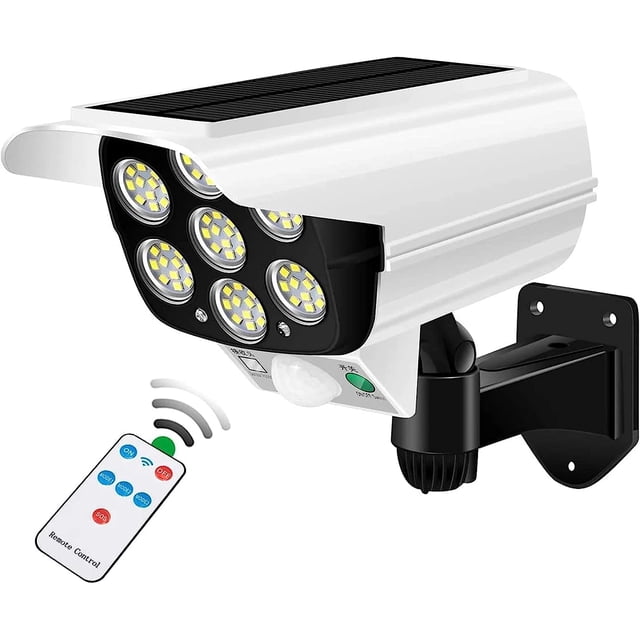 Luces Solares con Sensor de Movimiento para Exteriores 2000 Lúmenes 77 LED Reflector con Control Remoto FloodLights para Exteriores IP66 a Prueba de Agua, Cámara de Seguridad Falsa Inalámbrica Tip...