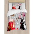 thumbnail image 3 of Spa Decor King Size Duvet Cover Set, Winter Christmas Theme with Pink Orchid Stone and Red Candles Image, Decorative 3 Piece Bedding Set with 2 Pillow Shams, Red Pink Black and White, by Ambesonne, 3 of 3
