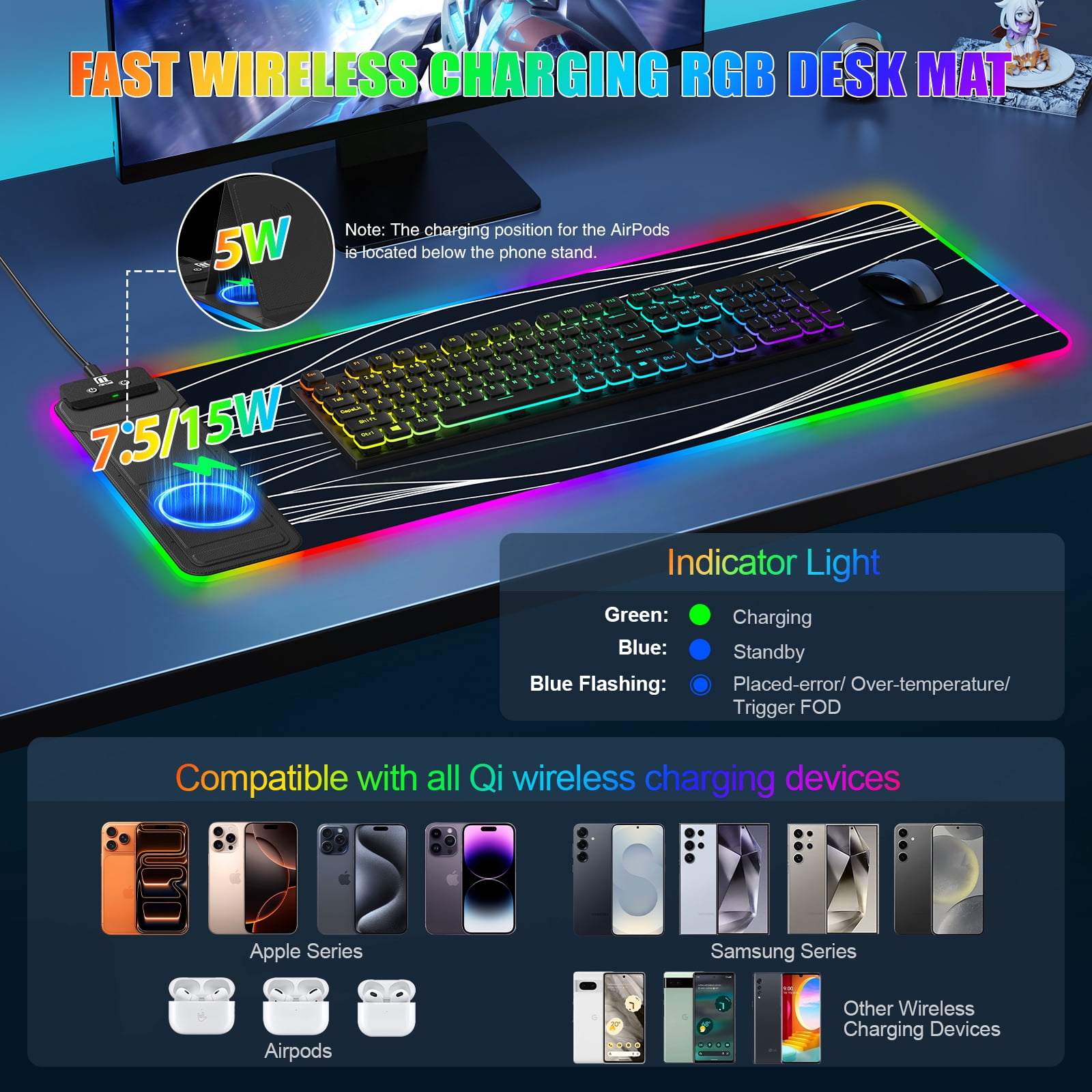 Miroddi RGB Gaming Mouse Pad with Wireless Charger, LED Mouse Mat with Phone Holder, Ultra-Smooth Surface, Non-Slip Rubber Base, Waterproof Keyboard Pad