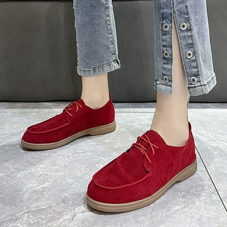 

Cathalem Summer Shoes for Women Casual Suede Flat Front Lace Up Casual Flock Single Shoes Causal Women Shoes Wide Width Casual Red 8