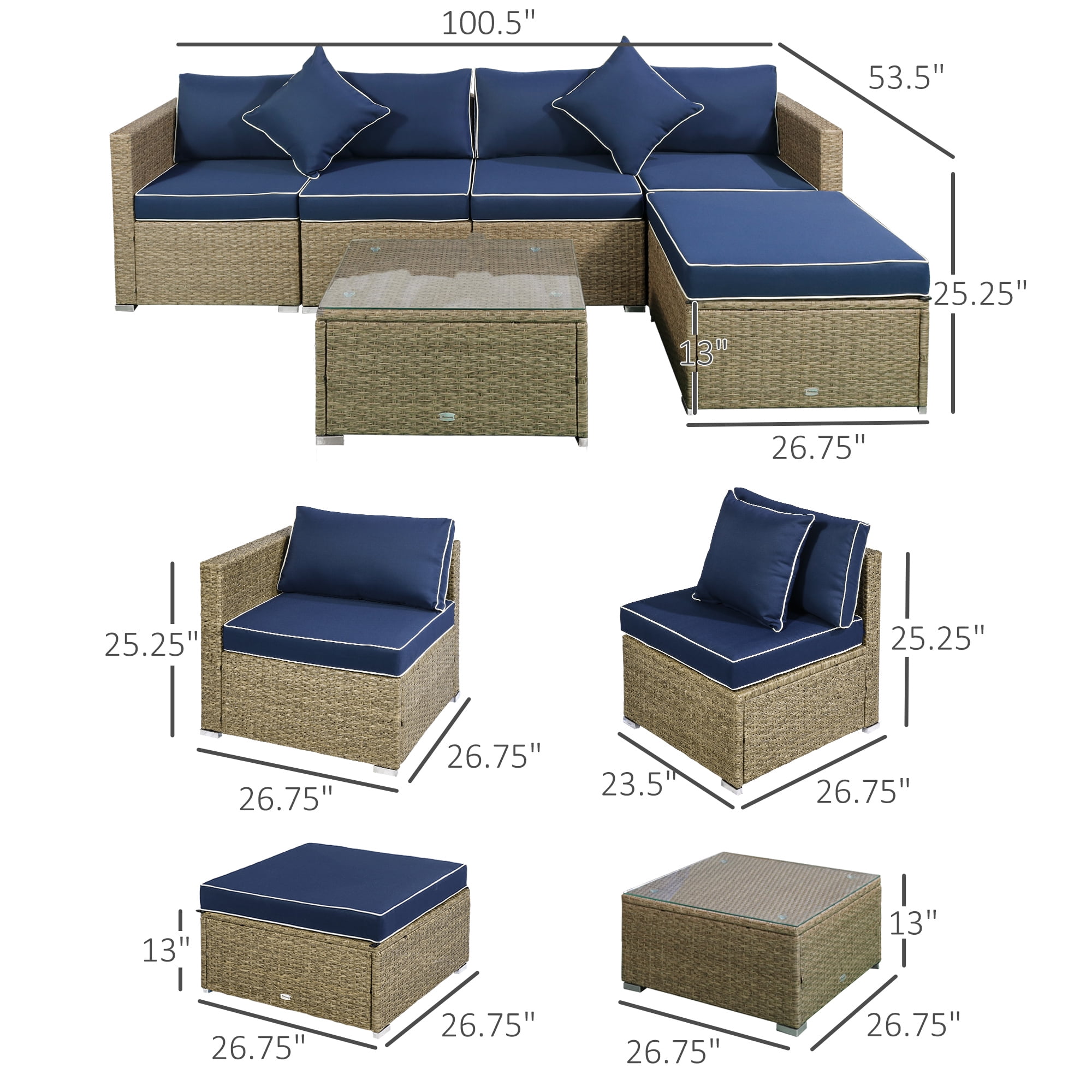 Outsunny 6 Piece Patio Furniture Set Outdoor Wicker Conversation Set All Weather PE Rattan Sectional Sofa Set with Ottoman, Cushions and Tempered Glass Table, Mixed Yellow and Navy Blue