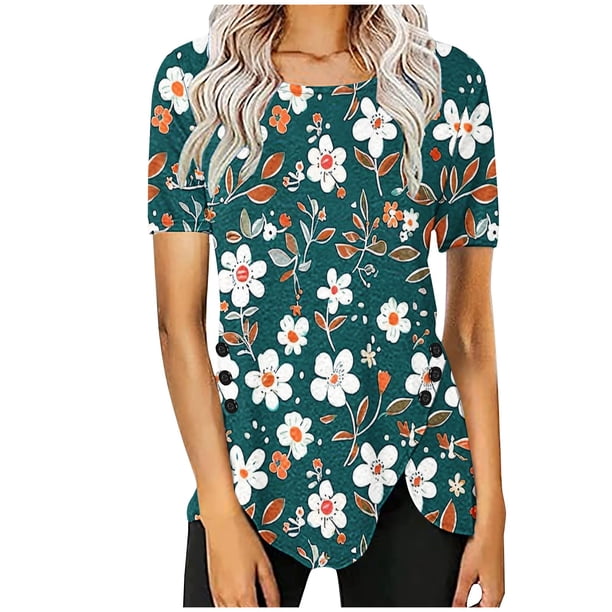 Blusas de Manga Corta para las Mujeres Botón Impreso Cuello Redondo Top Casual, Blusas para las Mujeres Casual