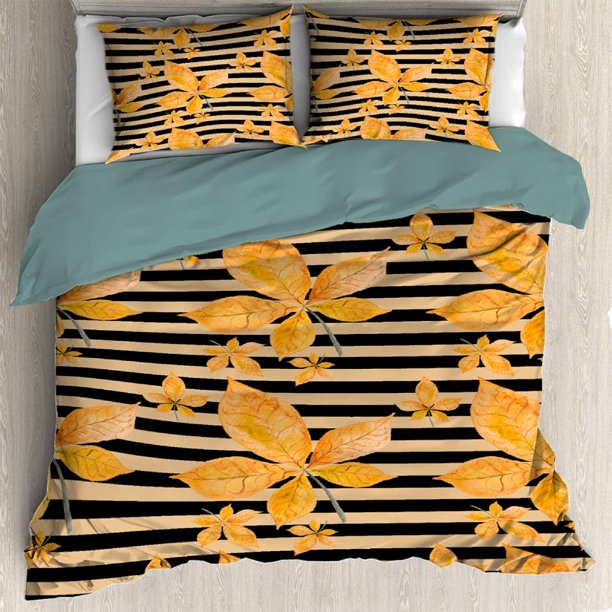 Funda Nórdica 3 Piezas Hojas de Otoño (Queen Size) con 2 Fundas de Almohada, Microfibra