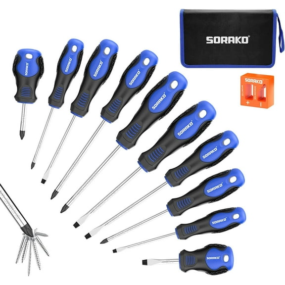SORAKO 12 Piece Magnetic Screwdriver Set 5 Phillips and 5 Flat 1 Magnetising Tool 1 Storage Bag Professional Cushion Grip Hand Tools Set for Fastening and Loosening Seized