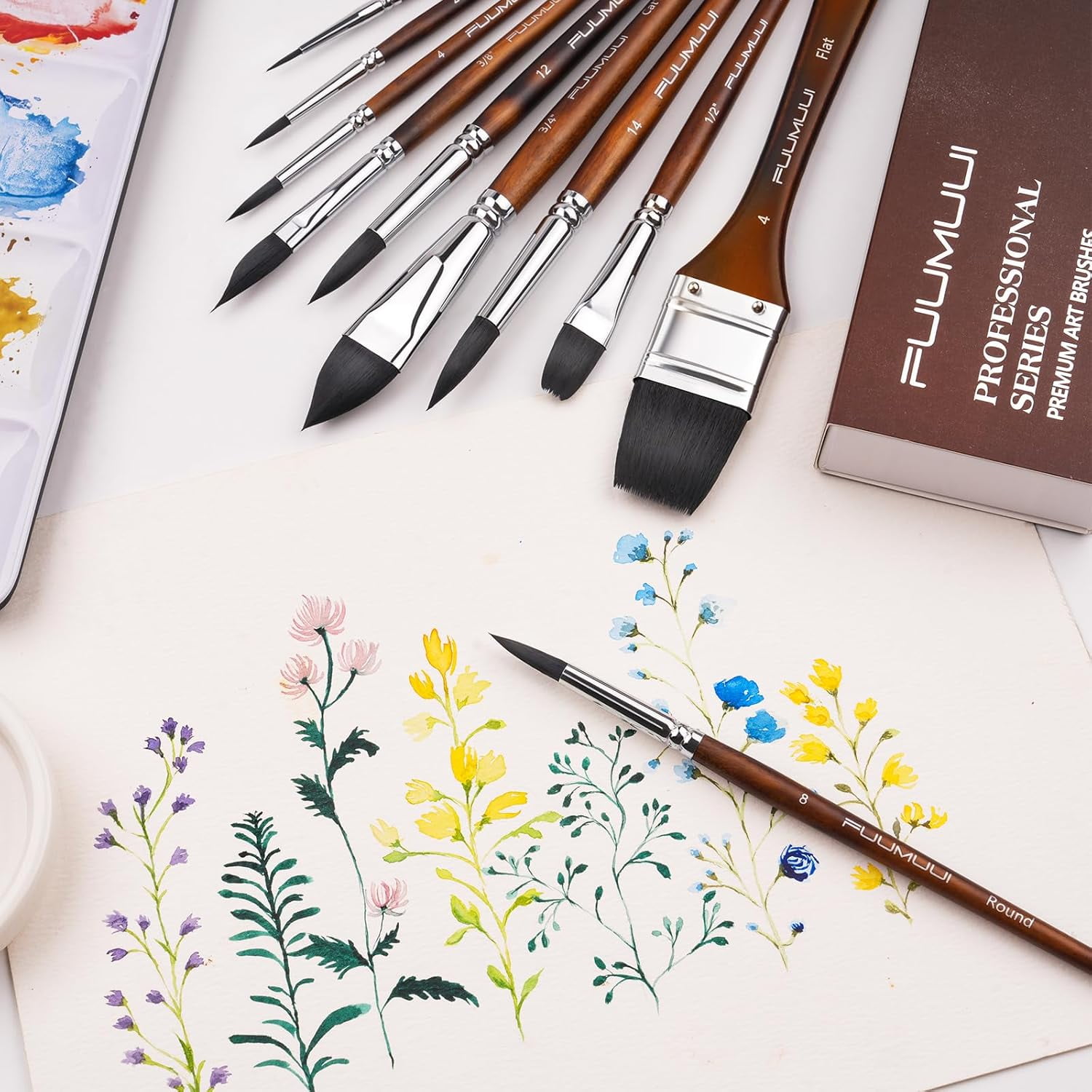 Watercolor Brushes Professional, Fuumuui 10Pcs Synthetic Squirrel Hair Paint Brush Set for Artists with Wide Flat, Round, Detail, Dagger, Cat's Tongue for Watercolor Gouache Inks Painting
