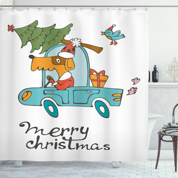 Ambesonne Christmas Shower Curtain, Dog in Vintage Car, 69"Wx75"L, White Multicolor