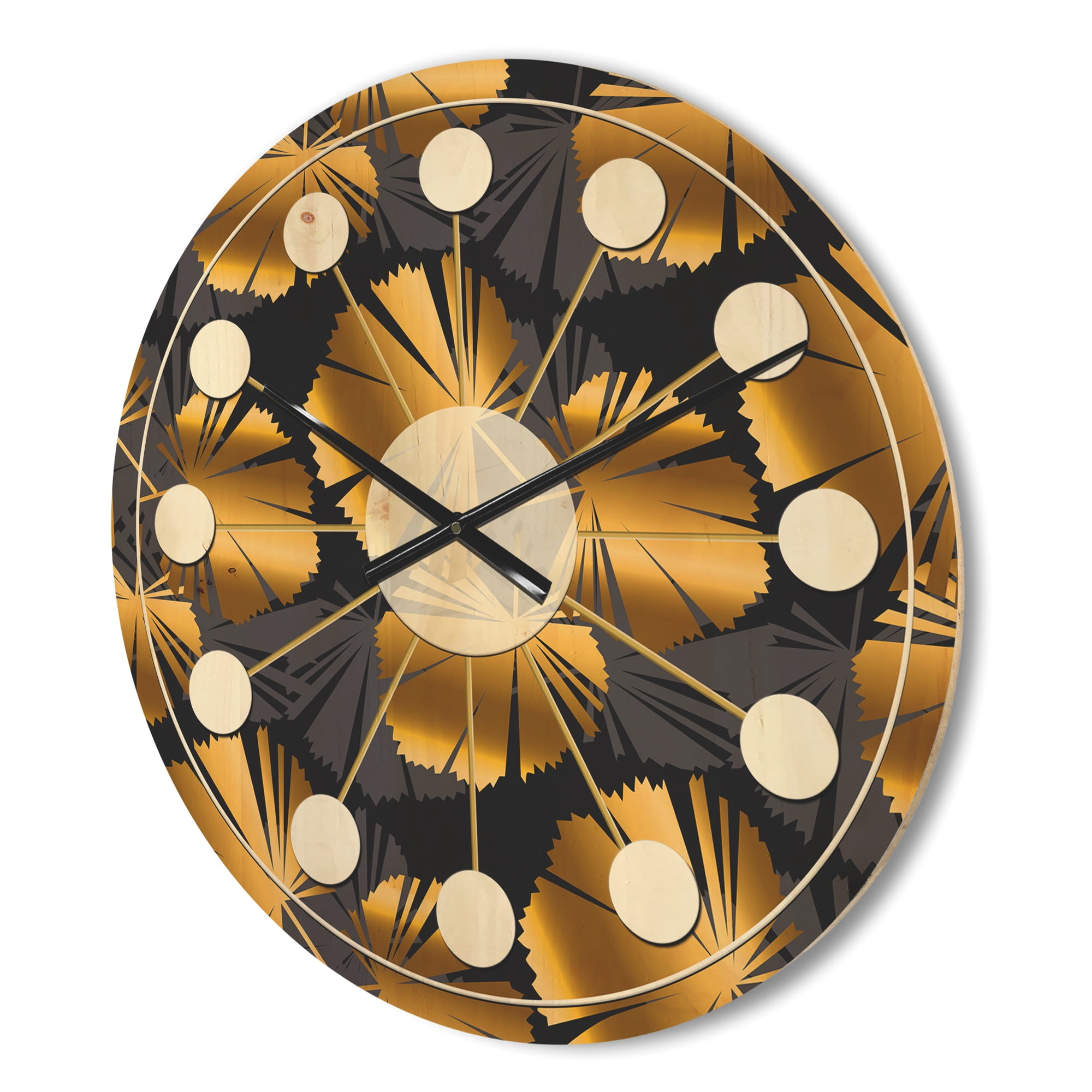 Designart 'Palm Golden Leaves III' Mid-Century Modern Wood Wall Clock