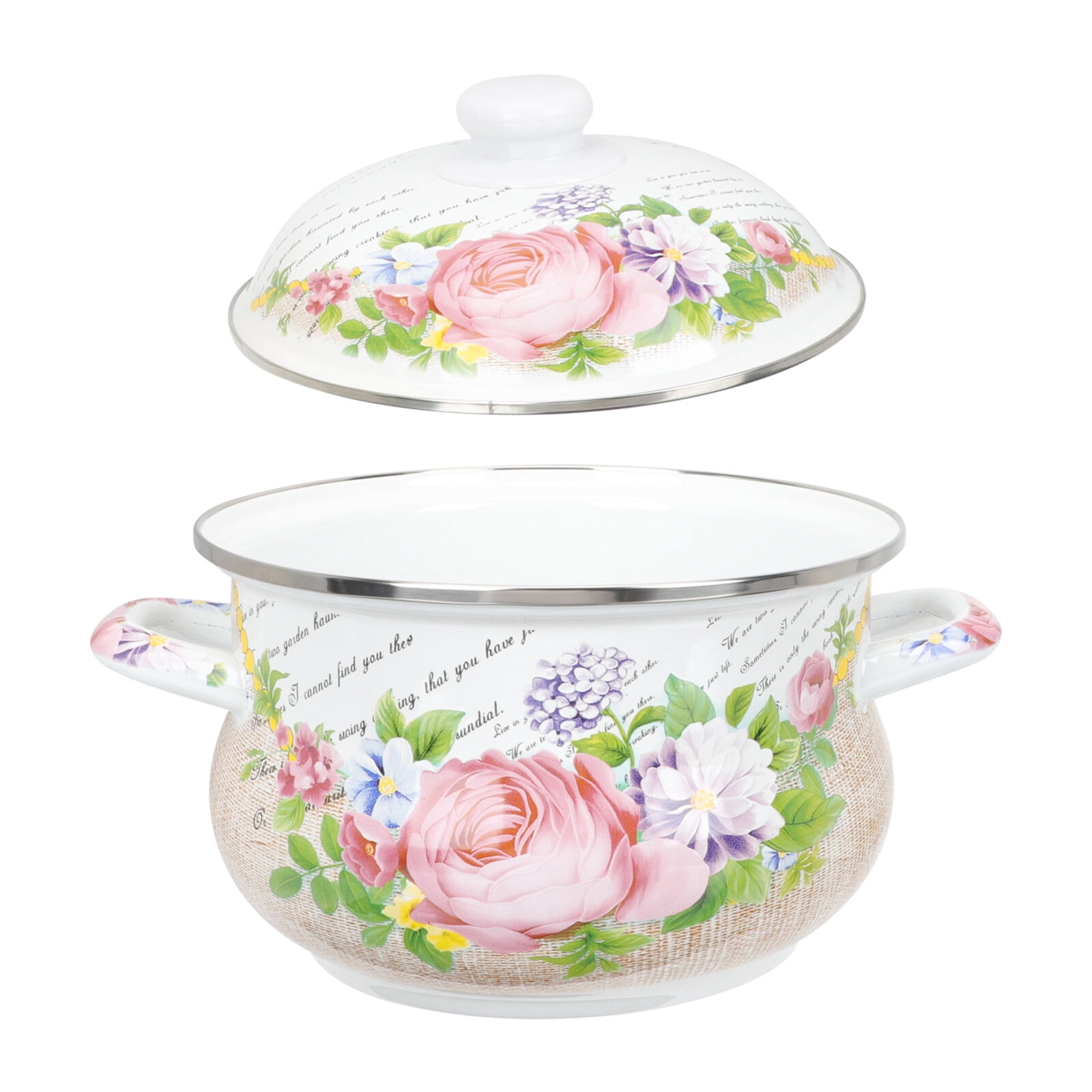 Enamel Stockpot with Lid, 1.8 Quart Retro Cooking Pot, Vintage Floral Stew Bean Simmer Pot with Handle, Kitchen Soup Pot, Safe for Induction Cookers, Gas Stove