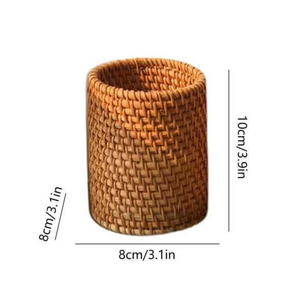 HOARBOEG Rattan Pen Holder Circular Desk Organizer 3.9*3.2in, Multifunctional Desktop Caddy for Stationery & Office Decor