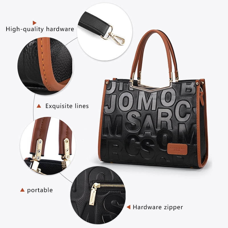 Genuine leather, letter-patterned tote handbag with cross-body strap, large capacity storage bag, wallet, purse