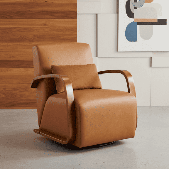 Modern Swivel Accent Chair with Solid Wooden Base , Contemporary Armchair, Faux Leather Single sofa for Living Room & Bedroom, Brown