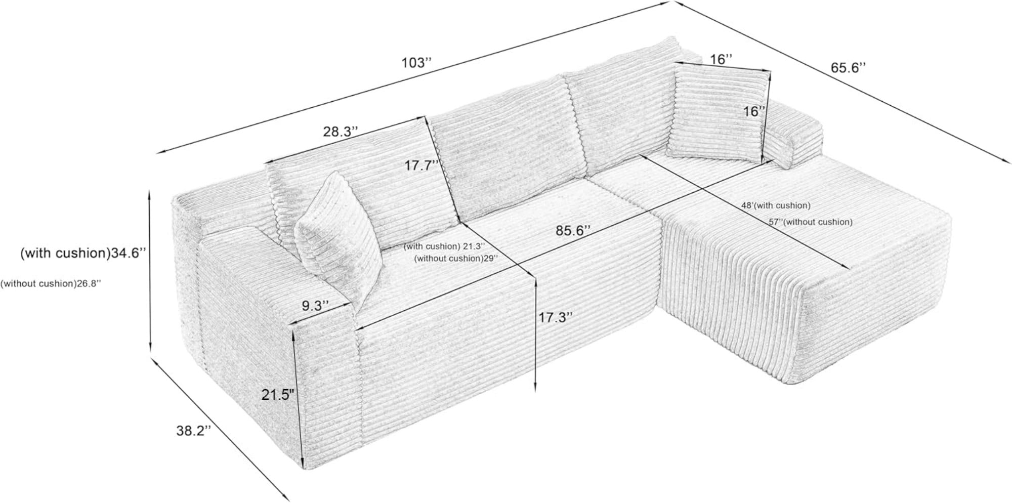 Aukfa 103" Modular Cloud Sectional Sofa, L-Shaped Boneless Couch with Right-Facing Chaise, Deep Seat Corduroy Sleeper Sofa for Living Room, Dark Gray