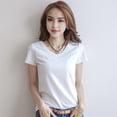 thumbnail image 2 of Women Summer T-shirt V-neck Short Sleeve Slim Fit T-shirt Solid Color Pullover Tops Stretchy Bottoming Shirt Streetwear-White 1,S, 2 of 8