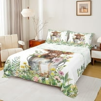 Manfei Cute Highland Cow Queen Sheet Sets 4 Pieces, Green Flower Floral Flat Sheet, Farm Animal Queen Fitted Sheet,Luxury Bedroom Decor