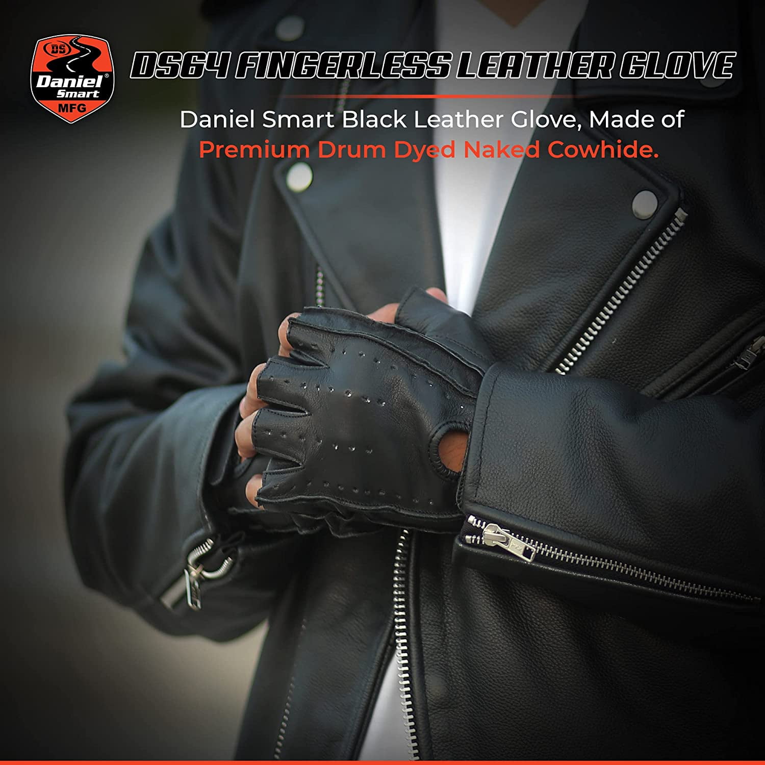 Daniel Smart Men’s Leather Gloves – Naked Cow Leather - Fingerless Motorcycle Gloves with Perforated action and Leather Palm