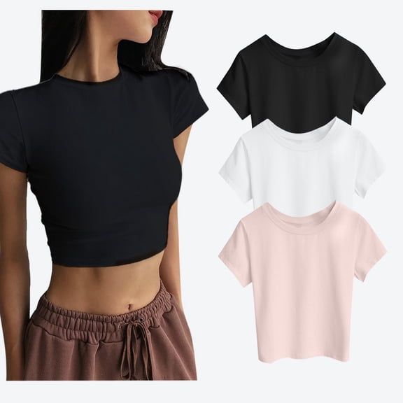 QHWAUAKFBN T Shirts For Women Loose Fit Solid Color Tank Short Sleeve Blouse Crop Tshirts Top