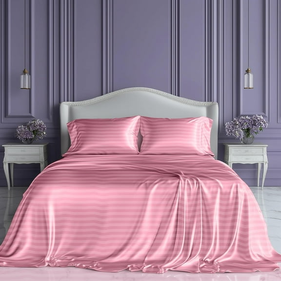 EnjinZZ Satin Sheets King Size – 4 Piece Luxury Silky Bed Set, Softer Than Silk, 15" Deep Pocket, Cooling & Wrinkle-Free, Moisture-Wicking & Breathable for Hair & Skin (Striped Pink)