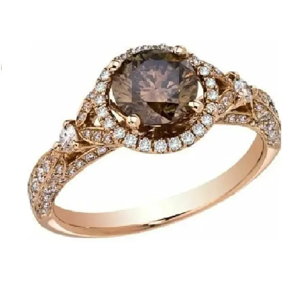 Divine Creation 2.00 Ct Round Cut Brown Diamond Wedding Engagement Halo Ring 14K Rose Gold Plated 925 Sterling Silver For Women's -7