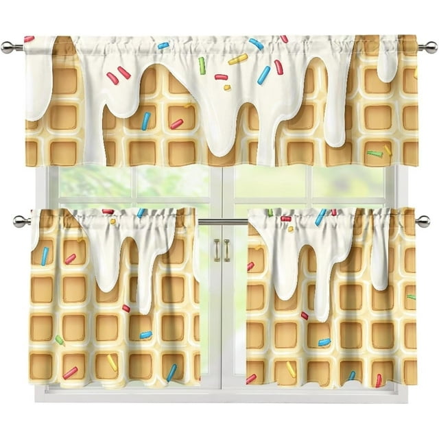 Ice Cream Pattern Kitchen Curtains Sets with Valance and Tier Sets Kitchen Window Coverings Tiered Kitchen Curtains for Kitchen Bathroom Home Decor