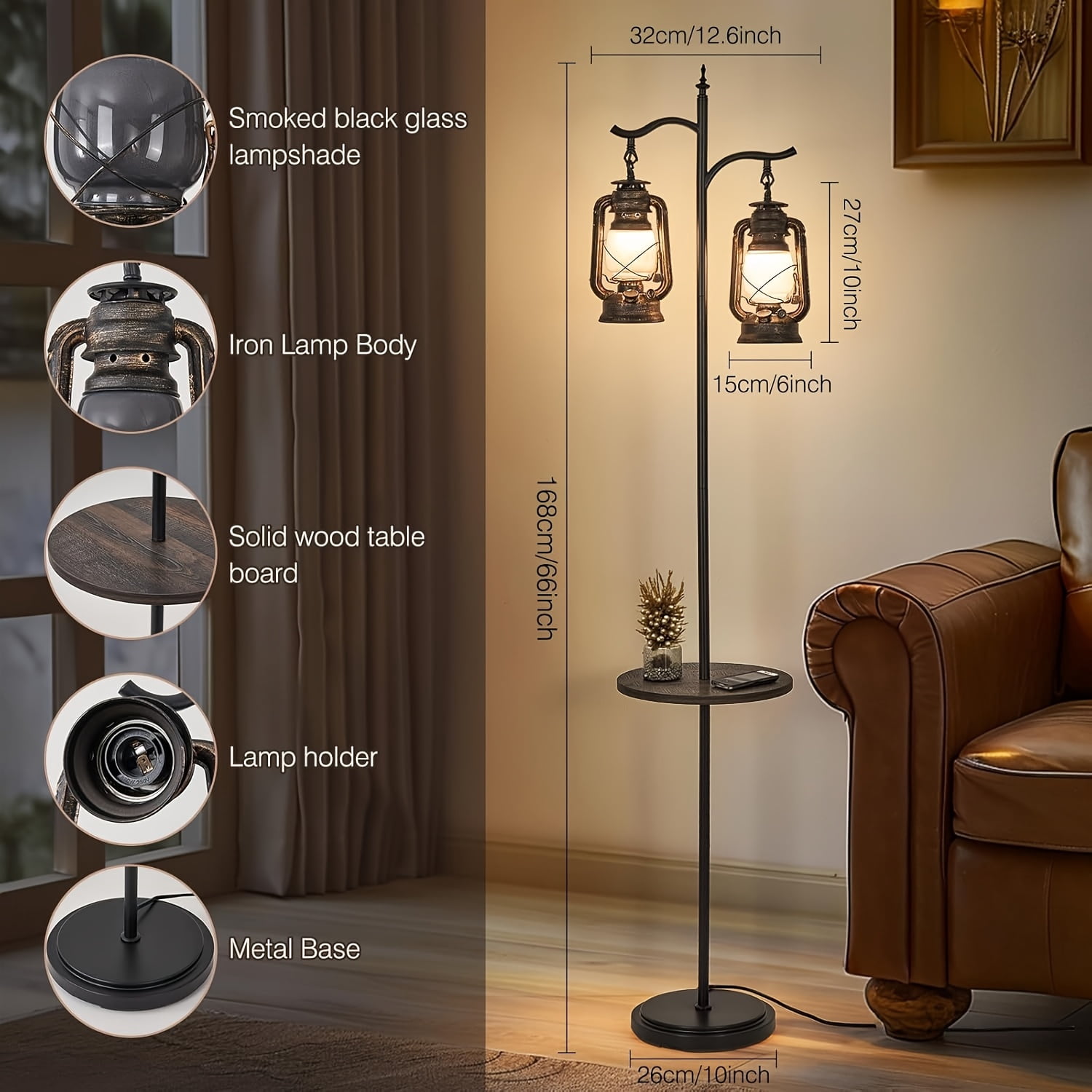 Country-Themed Desk Lamp with Two Heads, Vintage Floor Lamp Suitable for Living Rooms And Bedrooms, Adjustable Brightness Floor Lamp