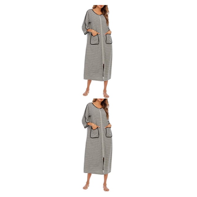 yingyy 1/2/3 Polyester Robe de Nuit Femme Décontractée Col Rond Manches Longues Double Poche Respirante Robe de Maison Vêtement de Nuit Gris G 2 Pcs