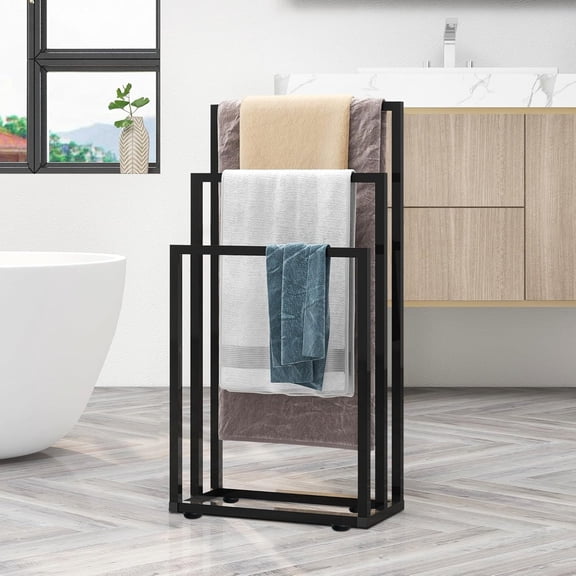 Acekid 3 Tier Metal Free Standing Towel Rack, Hand Towel Holder Organizer Floor Outdoor Standing Drying Rack for Poolside