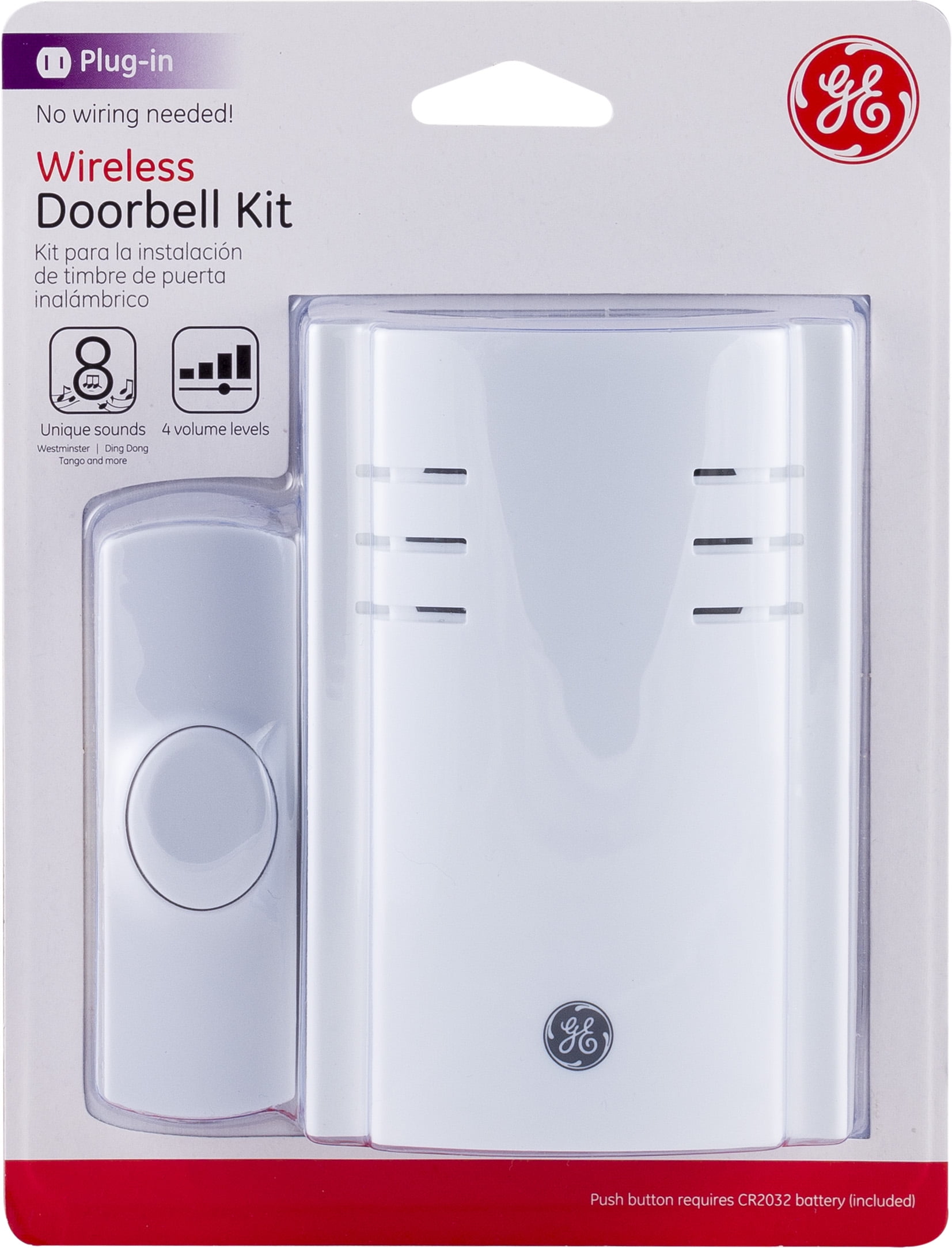 GE Wireless Doorbell Kit, Plug-In, 8 Melodies, 1 Push Button, White, 19299