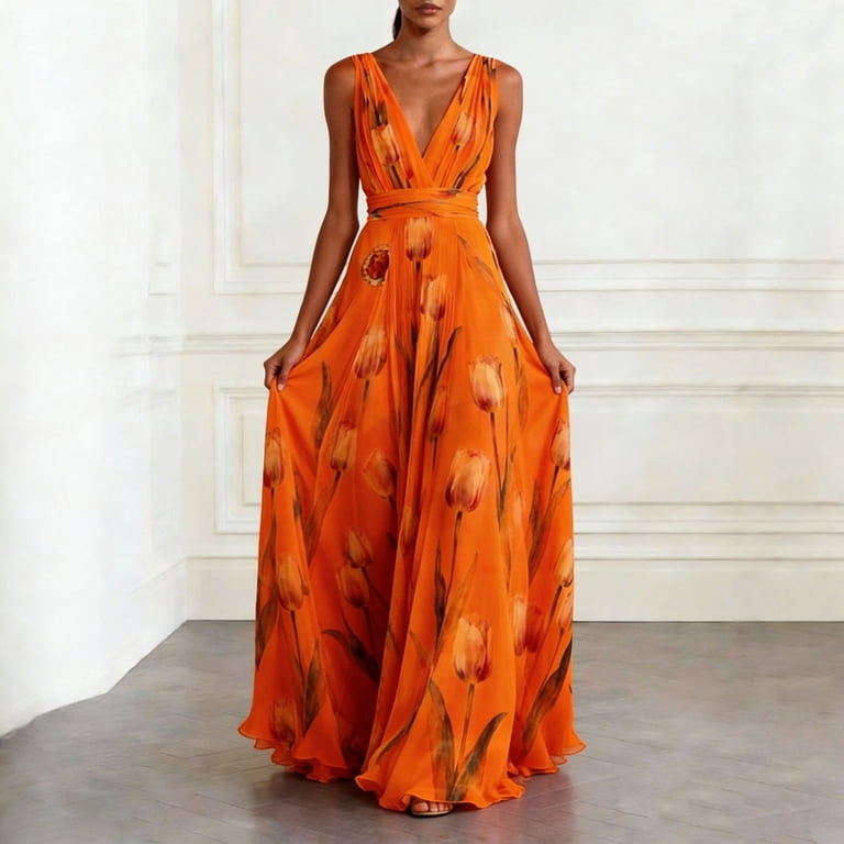SundryGoods Burnt Orange Vneck Chiffon for Women Fall Summer Sleeveless Floral Graphic Maxi Long Long Slim Tunics Going Out Dresses Women 2026 SundryGoods Burnt Orange Vneck Chiffon for Women Fall Summer Sleeveless Floral Graphic Maxi Long Long Slim Tunics Going Out Dresses Women 2026