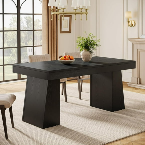 Tribesigns 55" Dining Table for 4-6, Modern Kitchen Dinner Table with Double Pedestal, Rectangular Wood Dining Room Table, Black