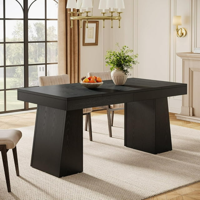 Tribesigns 55" Dining Table for 4-6, Modern Kitchen Dinner Table with Double Pedestal, Rectangular Wood Dining Room Table, Black
