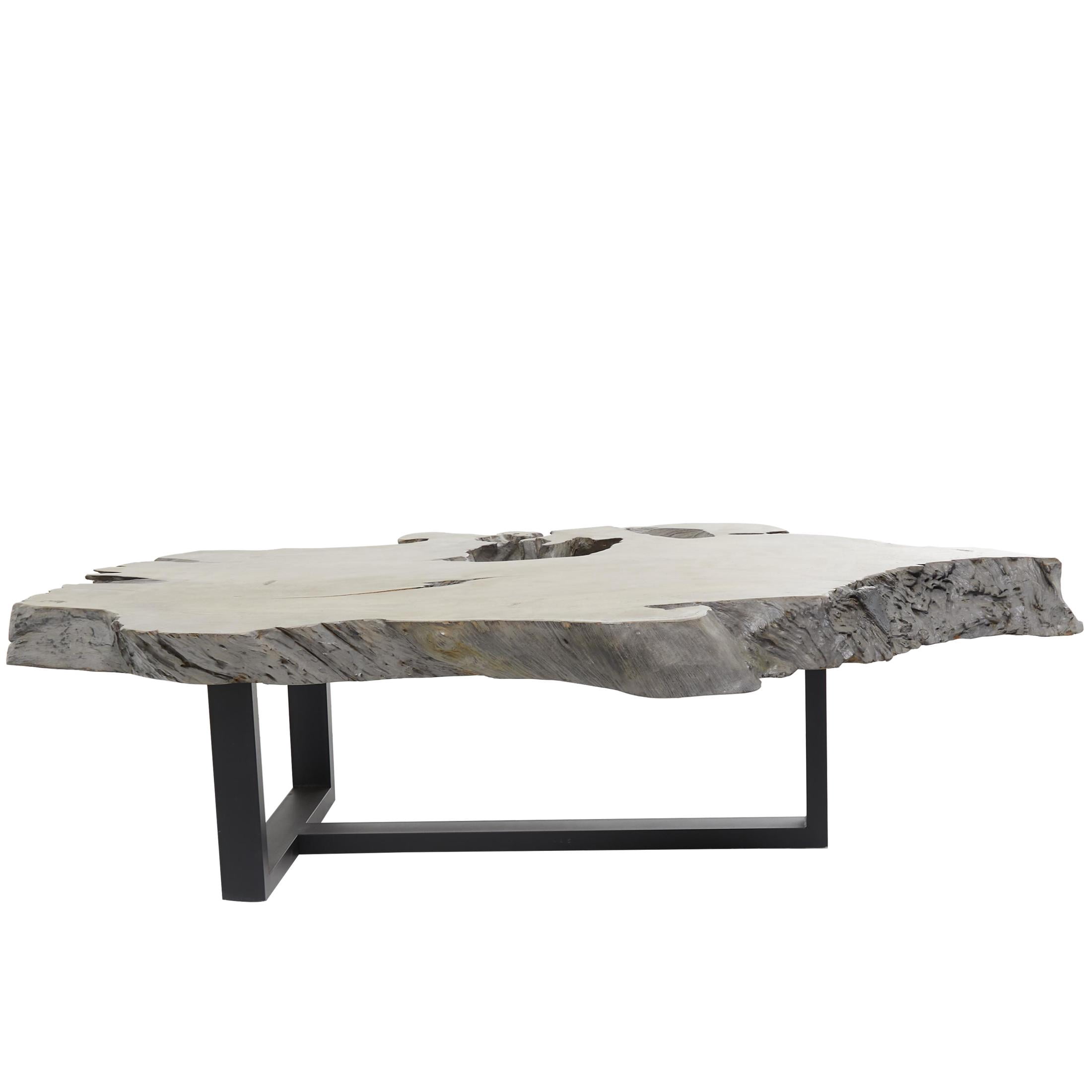 DecMode 50" x 15" Gray Teak Wood Handmade Live Edge Wood Slab Coffee Table with Black T Stand Base, 1-Piece