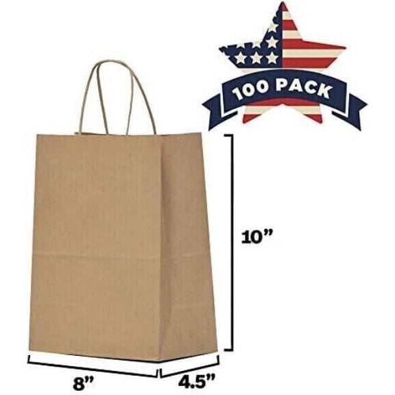 WANOWA 100 Pcs 8x4.25x10.5" Kraft Paper Bags, Brown Paper Gift Bags with Handles Medium Size, Merchandise Bags for Business, Shopping, Retail