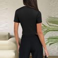 thumbnail image 3 of Njagoc3 Women's Crew Neck Short Sleeve Side-Slit Slim Fit Cropped Top,Black,L, 3 of 5
