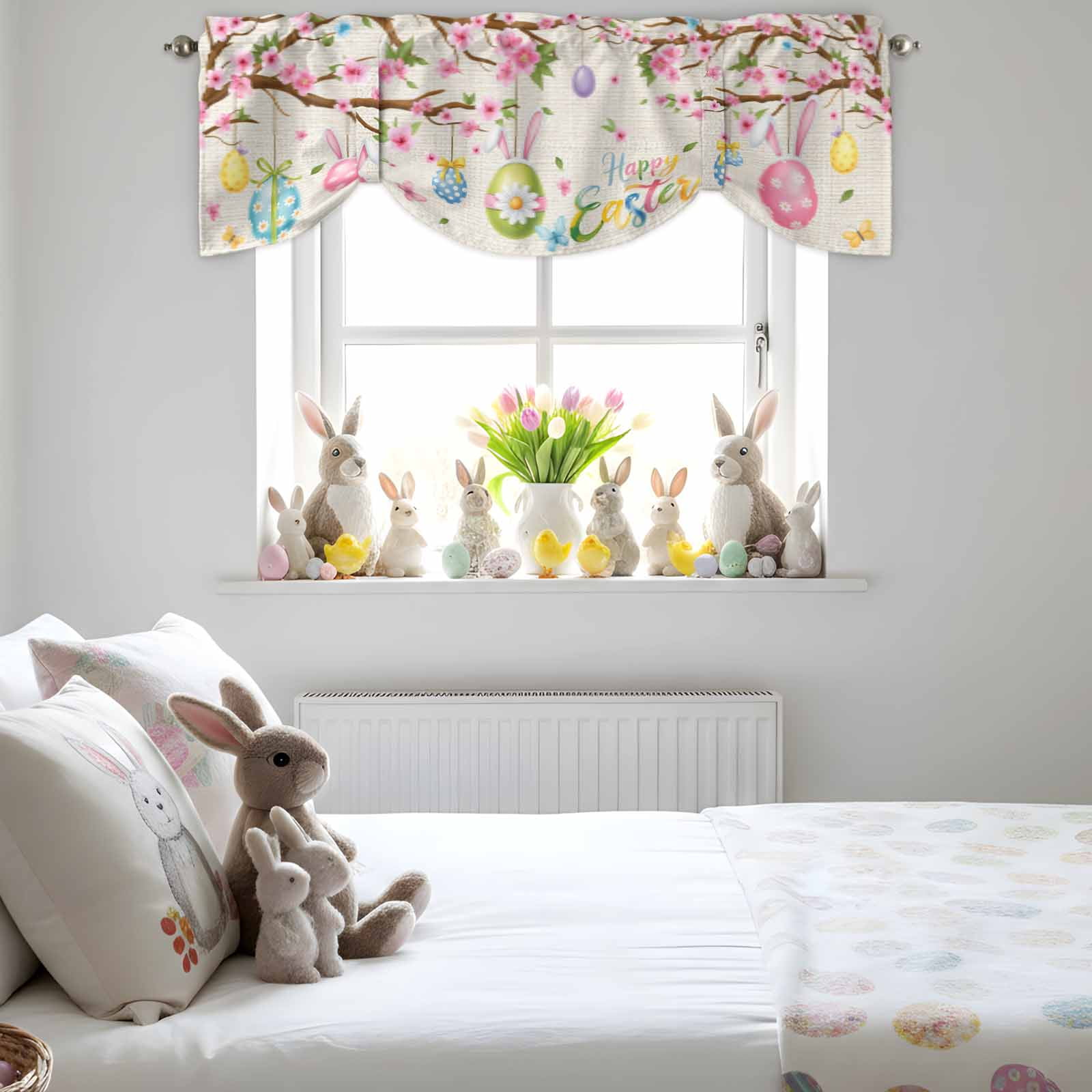 Happy Easter Tie Up Valances Curtain, Colorful Rabbit Ears on Easter Egg Spring Floral Tree Linen Texture Adjustable Rod Pocket Short Window Treatment Tie Up Curtains for Kitchen Living Room 60x18 In