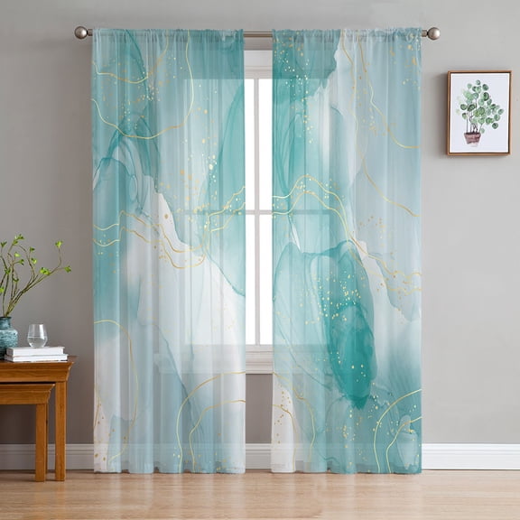 Marble Aqua, Sheer Curtains 63 Inch Length 2 Panels Set for Living Room/Bedroom, Gradient Gold Aesthetics Abstract Minimalist Art Curtain Drapes Rod Pocket Curtains Window Treatment 52''x63''x2