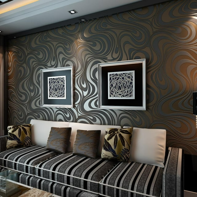 Q QIHANG Papel tapiz 3D con curva abstracta moderna, Mural, Papel De pared, flocado, para sala de estar, Color negro, marrón, a rayas, Papel de pared sin pegar, 0,7 mx 8,4 m = 5,88?