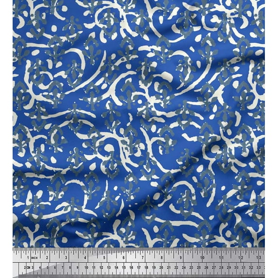 Soimoi Blue Poly Georgette Fabric Blocks Block Printed Fabric 1 Yard 42 Inch Wide