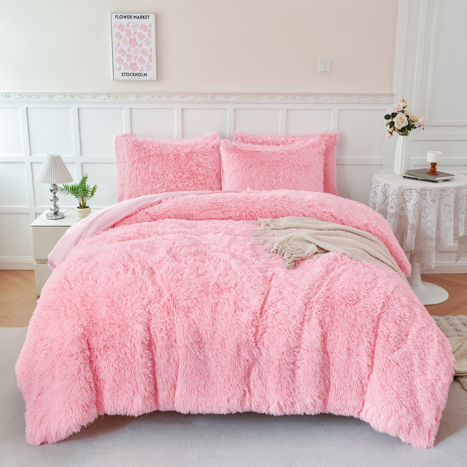 URBONUR 3 Pieces Pink Bedding Comforter Set Queen Size Faux Fur Comforter Sets for Women Girls Plush Fluffy Bedding Sets for All Season(1 Shaggy Comforter + 2 Faux Fur Pillowcases)