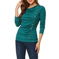 thumbnail image 6 of INSPIRE CHIC Women's Cowl Neck Long Sleeve Top Button Decor Ruched Front Regular Fit Pullover Top XL Blue Green, 6 of 8