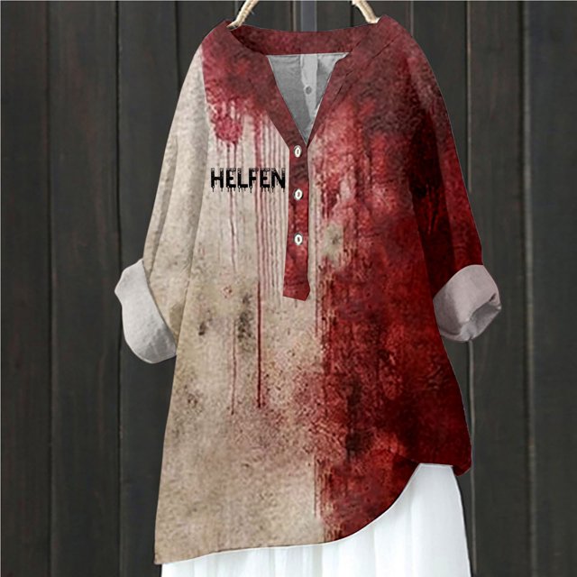 MHFRRA Camiseta de Halloween para Mujer, Blusa de Cuello En V con Estampado de Manchas de Sangre, Top Informal para Primavera, Verano y Otoño Púrpura