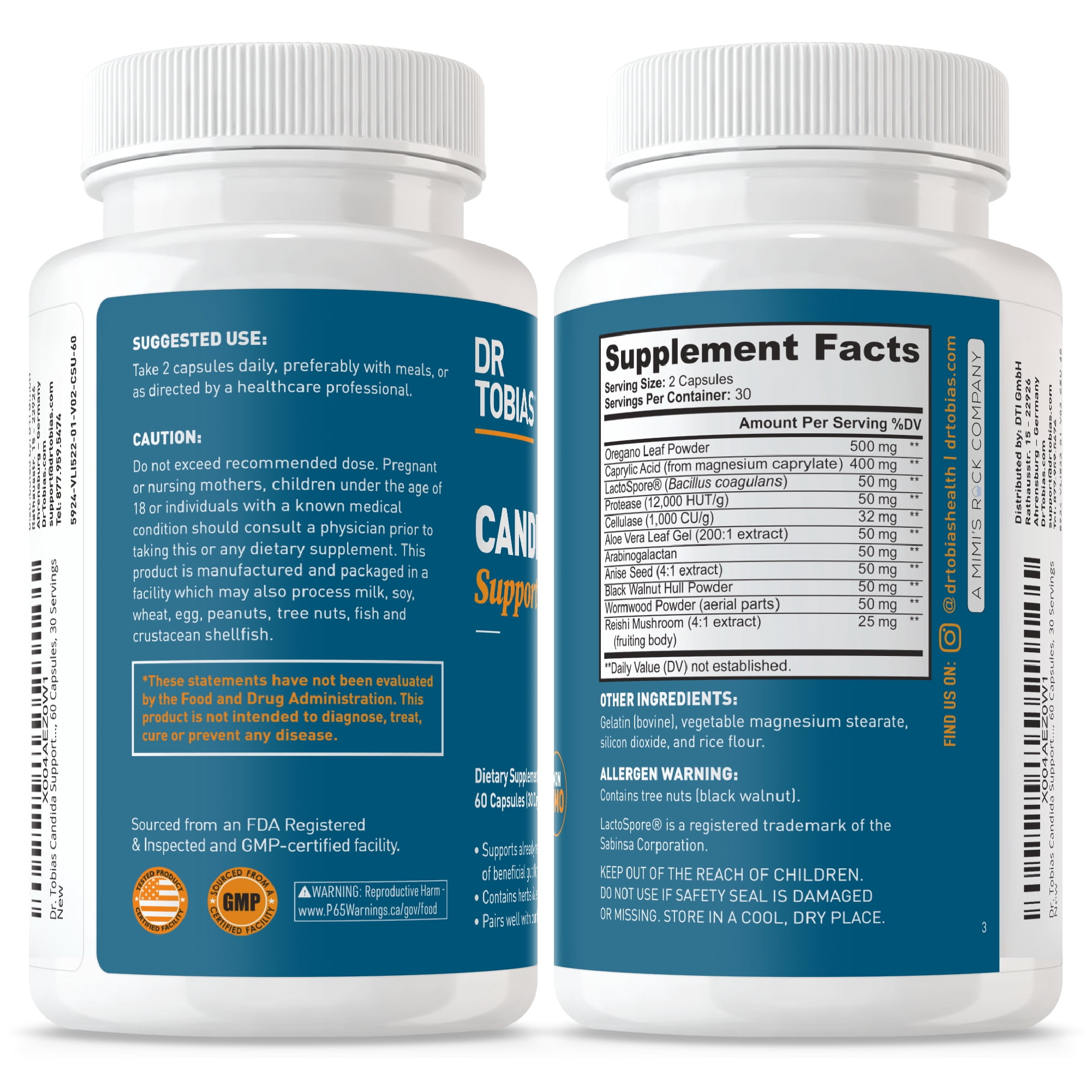 Dr. Tobias Candida Support, Gut Flora Balance Complex with Oregano, Caprylic Acid, Enzymes & Probiotics, Support Intestinal Detox Cleanse & Gut Health for Women & Men, 60 Capsules, 30 Servings