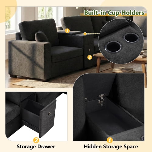 134" U-Shape Modular Sectional Sofa, 5-Seat Couch with Chaise Lounge, Deep Seat, Built-In Cup Holders, Storage Drawer and Pillows, Black