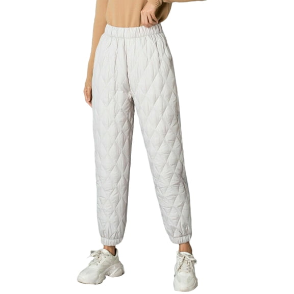 TIERPOP Women Winter Warm Puffy High Waist Down Cotton Pants Quilted Padded Diamond Plaid Loose Windproof Joggers Sweatpants Closed Bottom Snow Trousers with Pockets