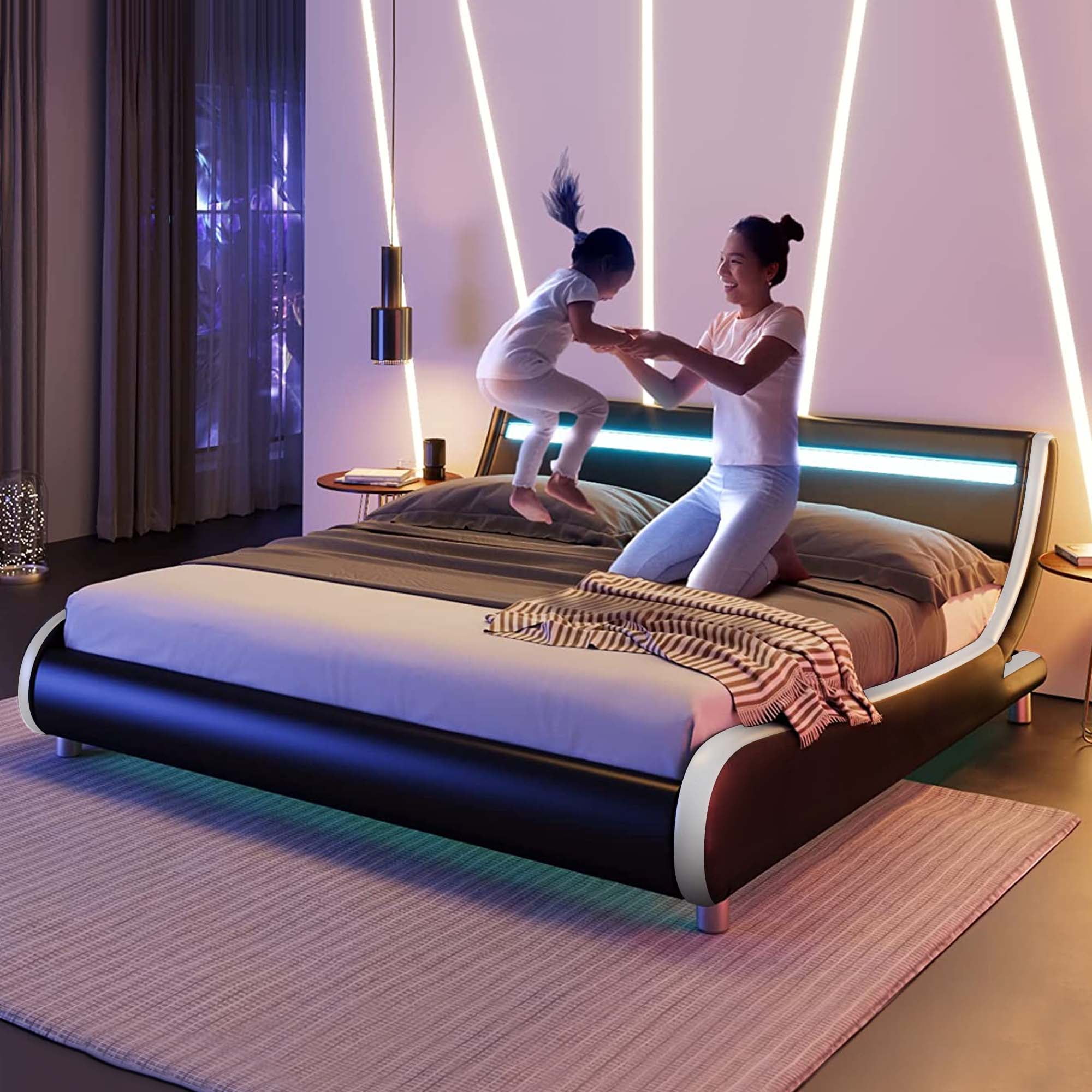 Aukfa Upholstered LED Bed Frame, Faux Leather Queen Platform Bed with 16 LED Light Headboard - Black/White