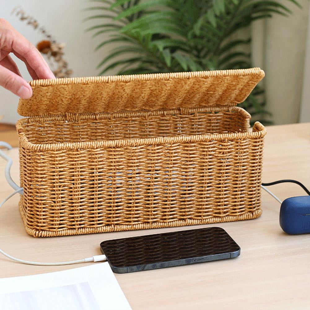 kkiuop Hand-Woven Charging Station Storage Box Cable Management Basket For USB Accessories Data Cables Cables Office Organizer