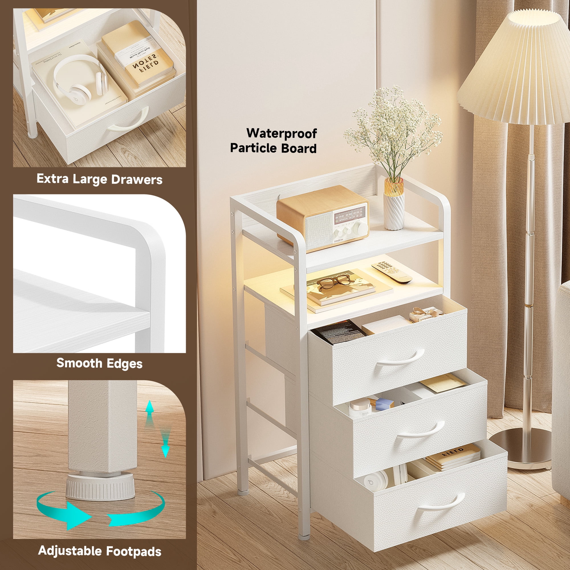 Bestco LED Nightstand End Table with Charging Station & 3 Drawers for Bedroom White