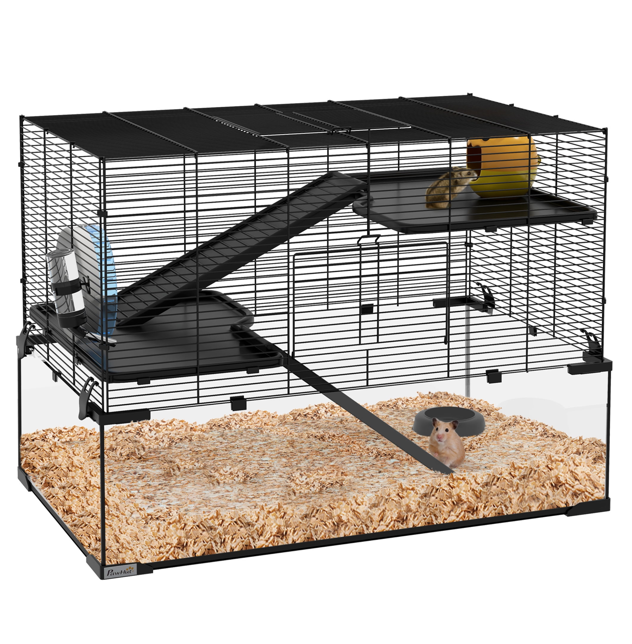 30" Hamster Cage Gerbil Cage with Glass Basin, Small Animal Habitat, Black